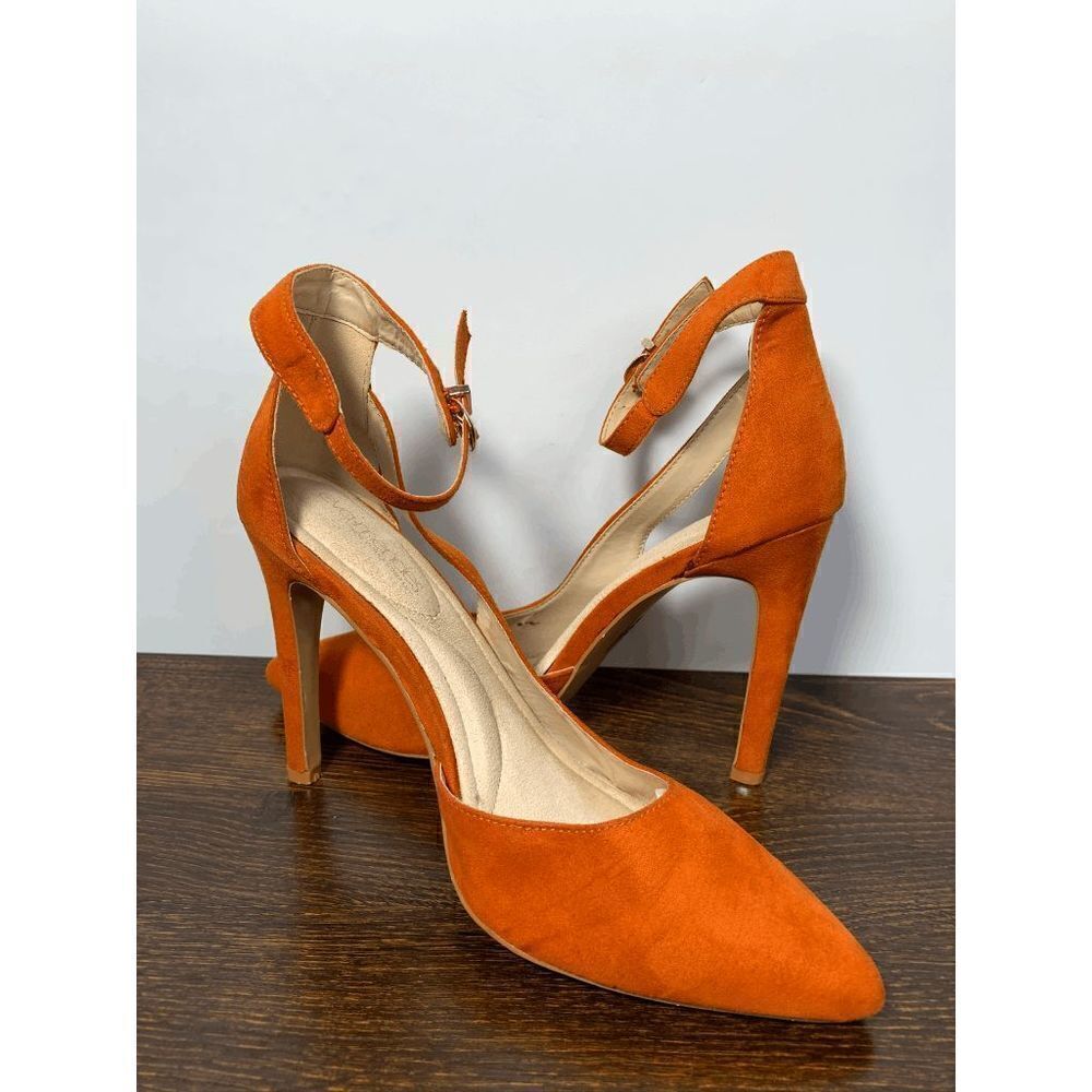 Eva Mendes Women's High Heels Ankle Strap Pointed Toe Suede Fabric Orange 8M